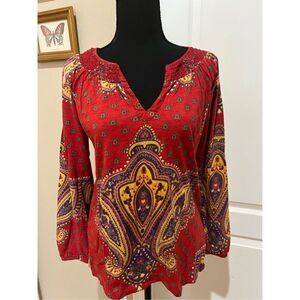 Lucky Brand Y2K vintage red paisley print blouse with lace trim